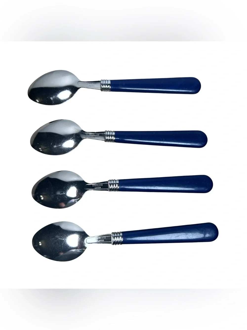 Gibson Vintage Flatware Blue Plastic Handle Tablespoons Soup Spoons Set of 4 Y2K